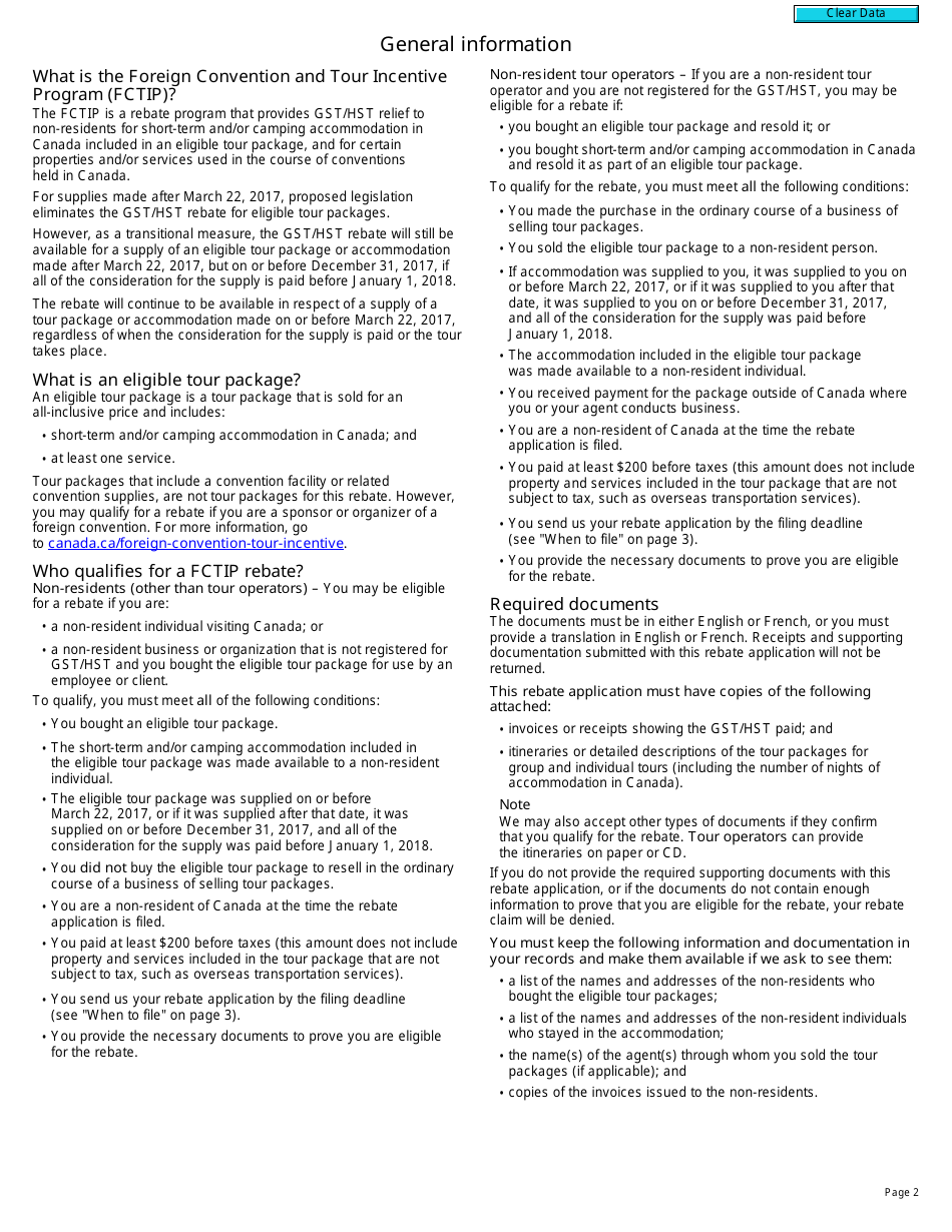 Form GST115 Gst / Hst Rebate Application for Tour Packages - Canada, Page 2