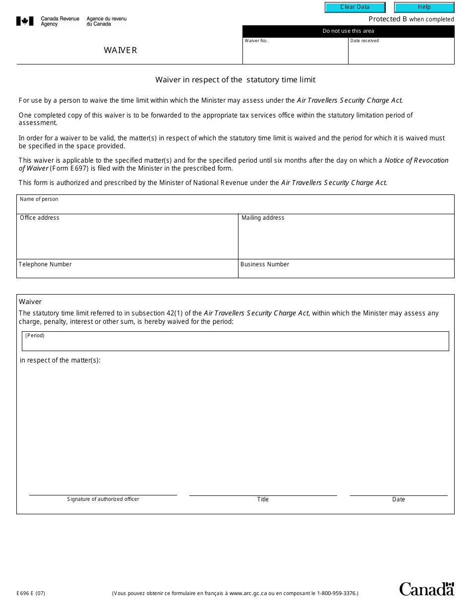 Form E696 Waiver - Canada, Page 1