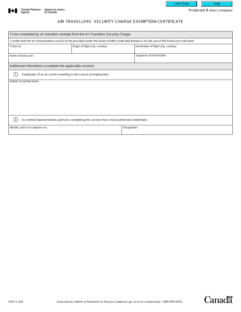 Form E691 Air Travellers Security Charge Exemption Certificate - Canada, Page 1