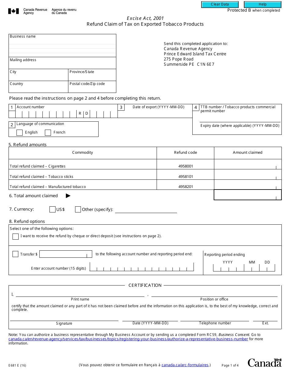 Form E681 Refund Claim of Tax on Exported Tobacco Products - Canada, Page 1