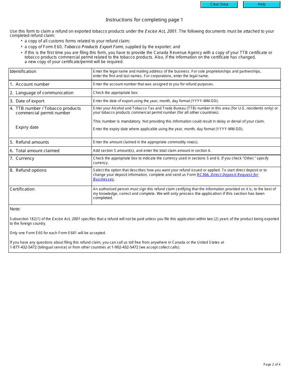 Form E681 Refund Claim of Tax on Exported Tobacco Products - Canada, Page 2