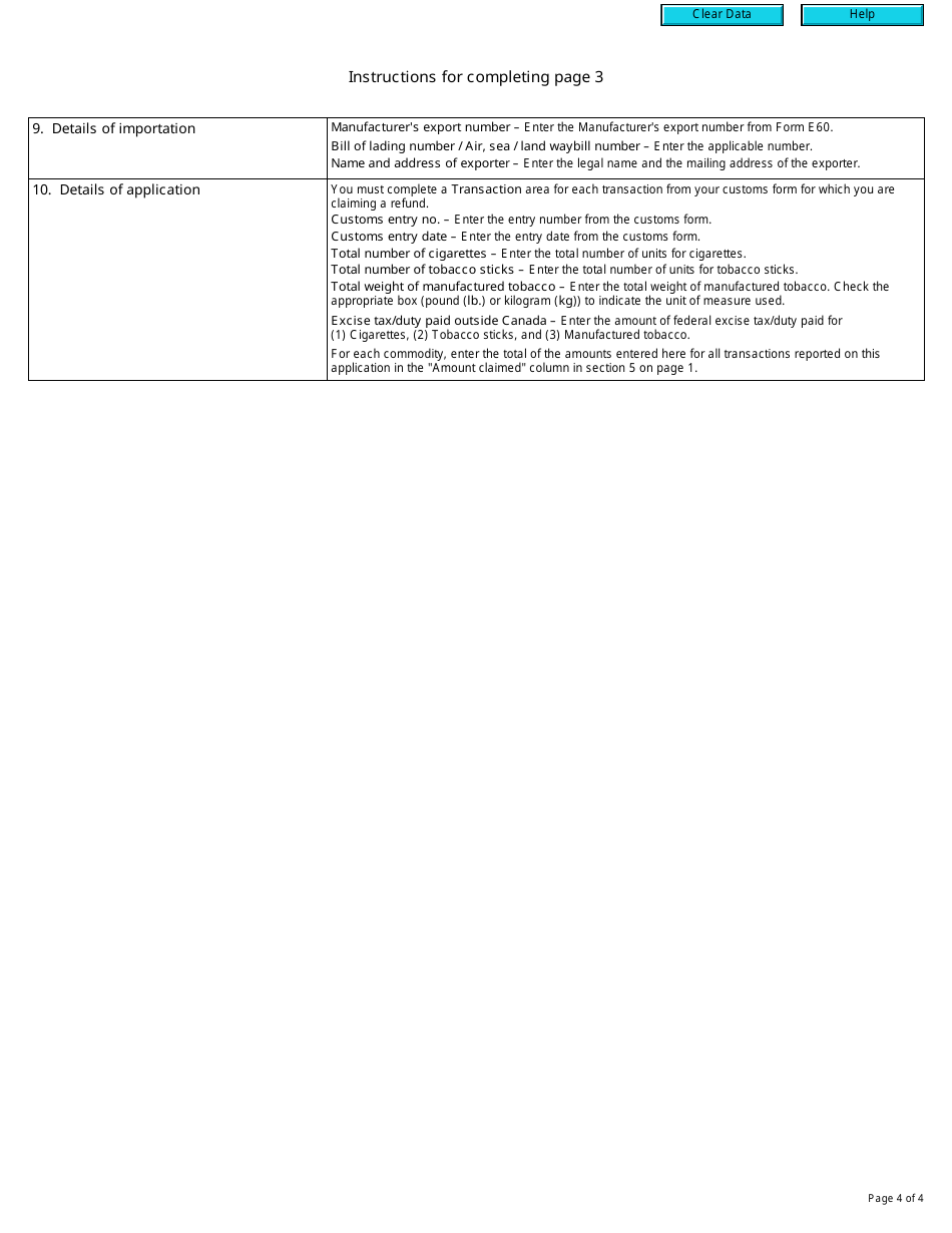 Form E681 Refund Claim of Tax on Exported Tobacco Products - Canada, Page 4