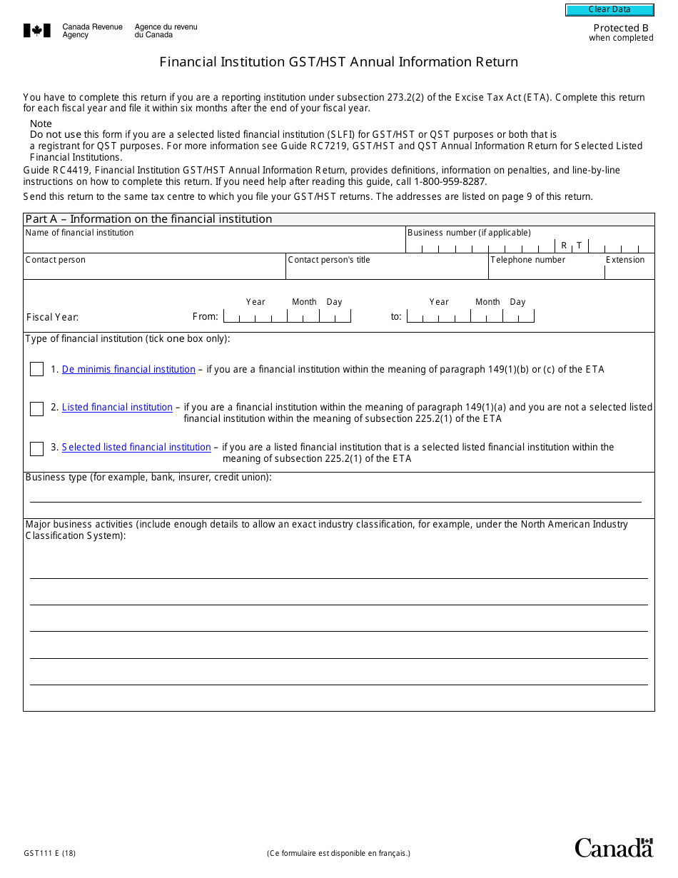 Form GST111 Financial Institution Gst / Hst Annual Information Return - Canada, Page 1