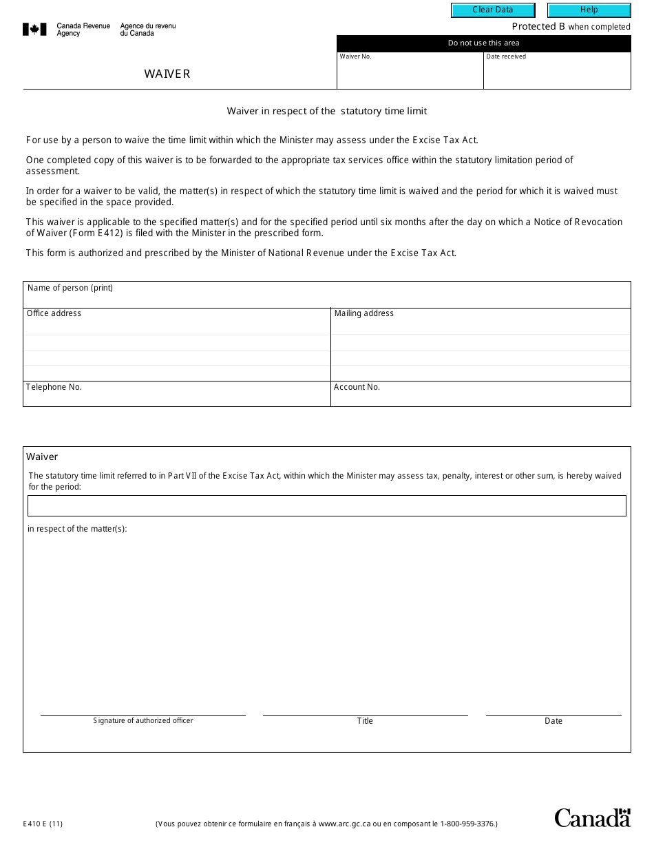 Form E410 Waiver - Canada, Page 1