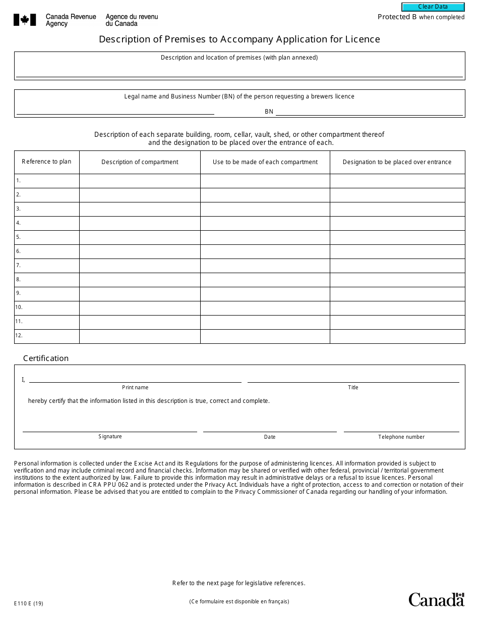 Form E110 Description of Premises to Accompany Application for Licence - Canada, Page 1