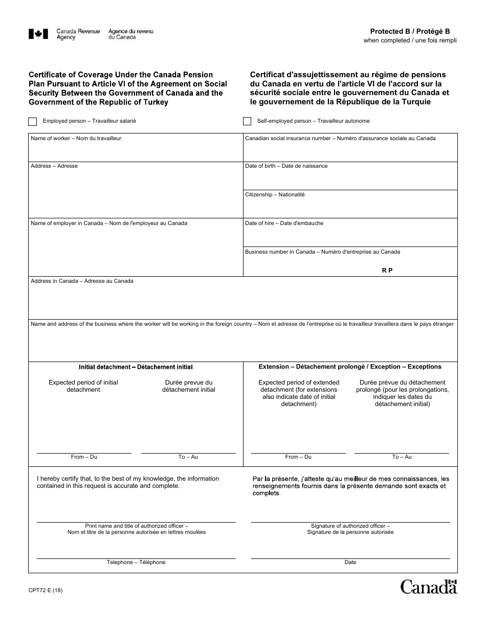 Form CPT72 Certificate of Coverage Under the Canada Pension Plan Pursuant to Article VI of the Agreement on Social Security Between Canada and the Republic of Turkey - Canada (English / French), Page 1