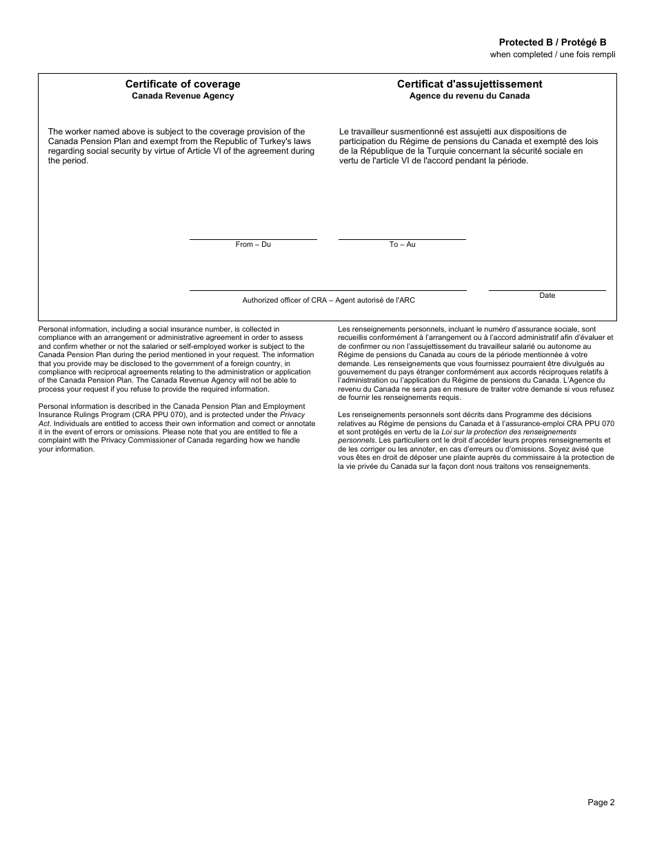 Form CPT72 Certificate of Coverage Under the Canada Pension Plan Pursuant to Article VI of the Agreement on Social Security Between Canada and the Republic of Turkey - Canada (English / French), Page 2