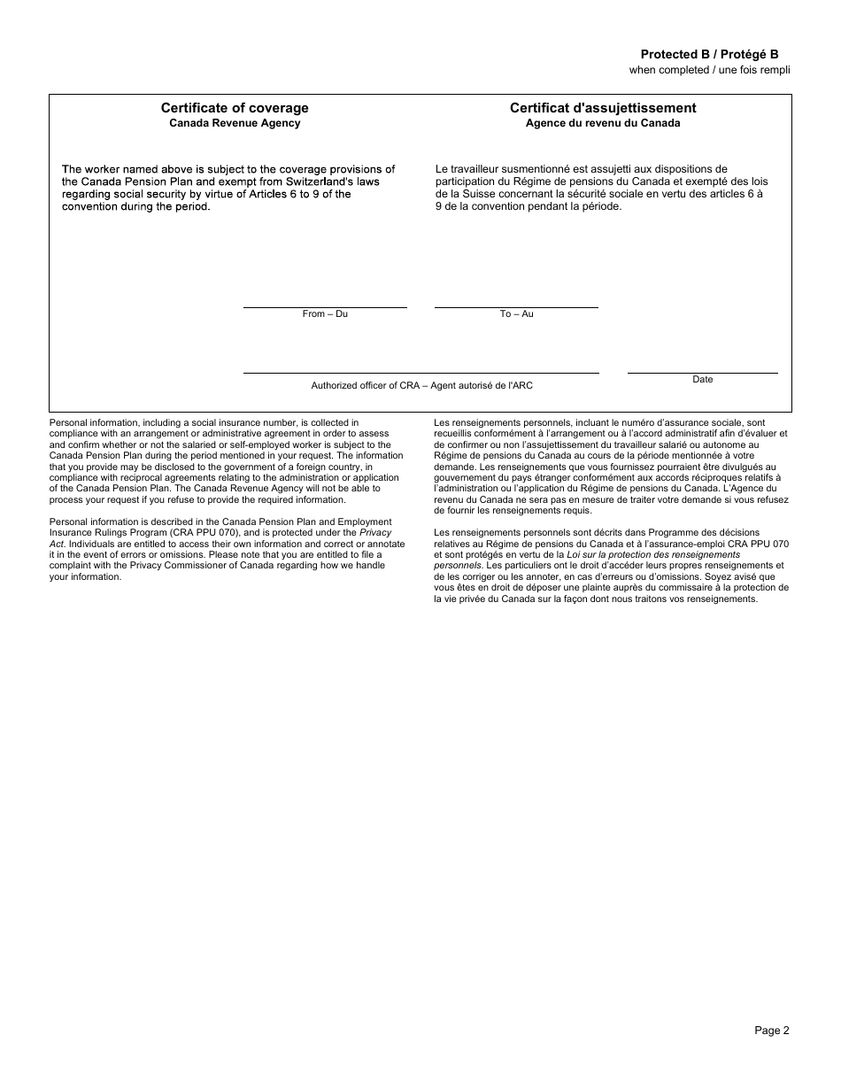 Form CPT69 Certificate of Coverage Under the Canada Pension Plan Pursuant to Articles 6 to 9 of the Convention on Social Security Between Canada and the Swiss Confederation - Canada (English / French), Page 2