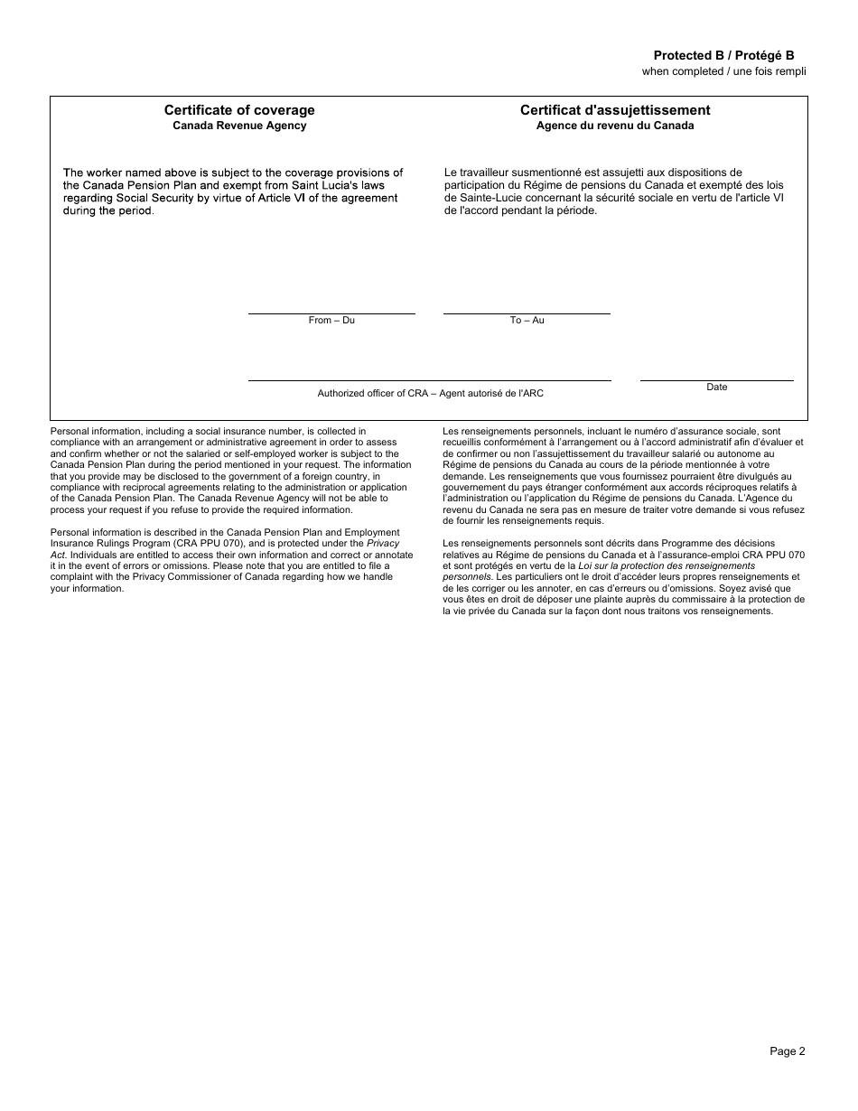 Form CPT67 Certificate of Coverage Under the Canada Pension Plan Pursuant to Article VI of the Agreement on Social Security Between Canada and Saint Lucia - Canada (English / French), Page 2