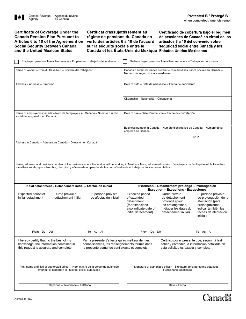 Form CPT62 Certificate of Coverage Under the Canada Pension Plan Pursuant to Articles 6 to 10 of the Agreement on Social Security Between Canada and the United Mexican States - Canada (English / French), Page 1