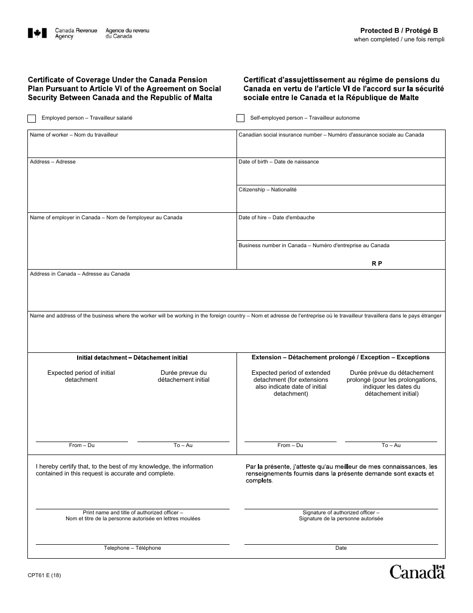 Form CPT61 Certificate of Coverage Under the Canada Pension Plan Pursuant to Article VI of the Agreement on Social Security Between Canada and the Republic of Malta - Canada (English / French), Page 1