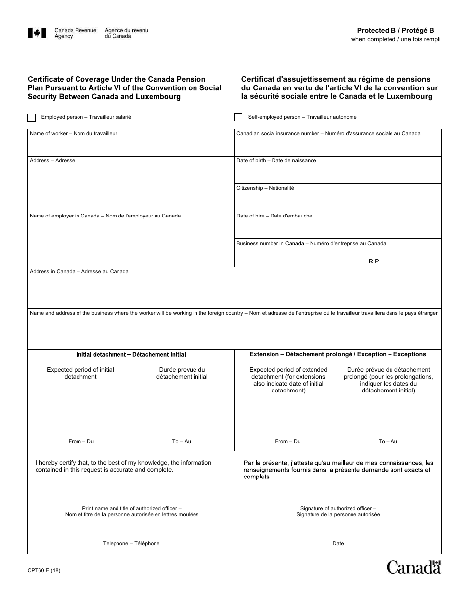 Form CPT60 Certificate of Coverage Under the Canada Pension Plan Pursuant to Article VI of the Convention on Social Security Between Canada and Luxembourg - Canada (English / French), Page 1