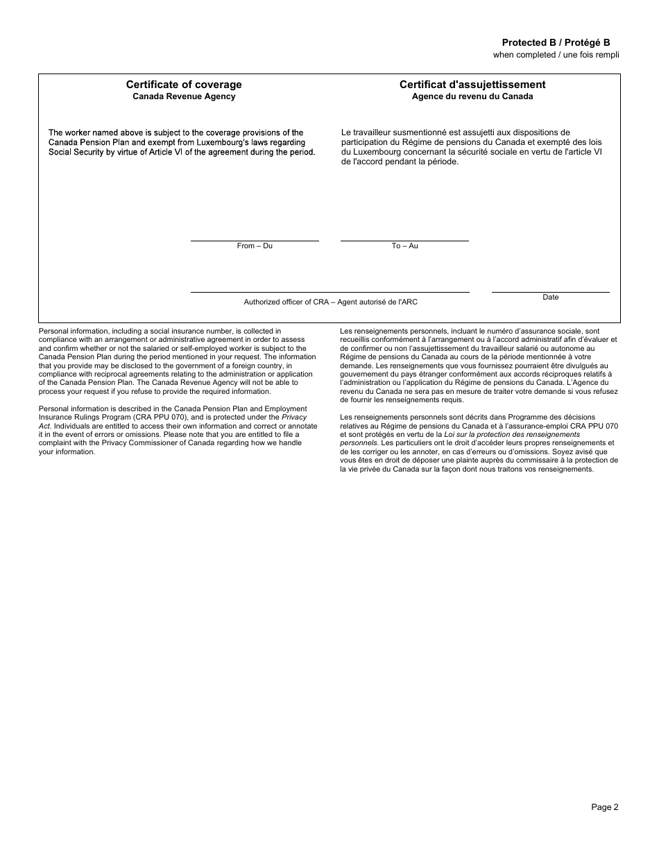 Form CPT60 Certificate of Coverage Under the Canada Pension Plan Pursuant to Article VI of the Convention on Social Security Between Canada and Luxembourg - Canada (English / French), Page 2
