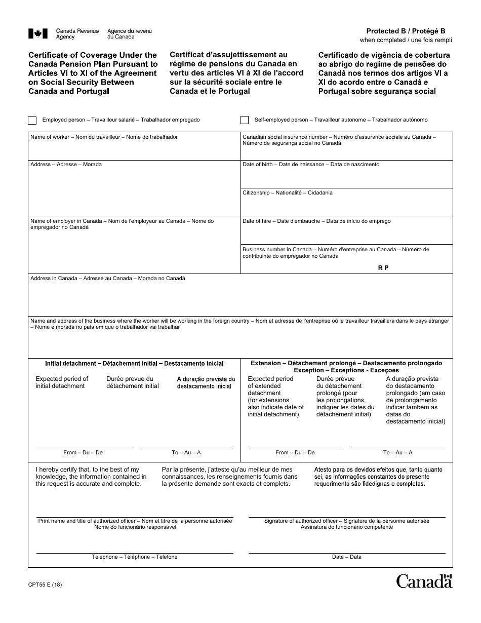 Form CPT55 Certificate of Coverage Under the Canada Pension Plan Pursuant to Articles VI to XI of the Agreement on Social Security Between Canada and Portugal - Canada (English / French), Page 1