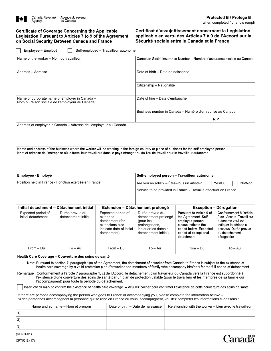 Form Cpt52 Download Fillable Pdf Or Fill Online Certificate Of Coverage Under The Canada Pension Plan Pursuant To Article Vii Of The Agreement On Social Security Between Canada And France Canada English French