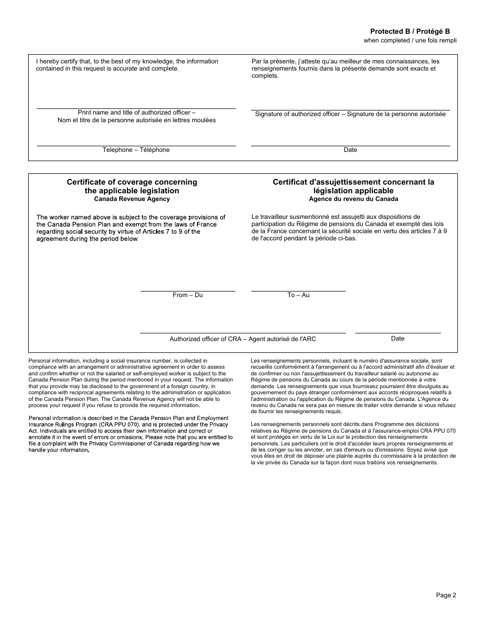 Form CPT52 Certificate of Coverage Under the Canada Pension Plan Pursuant to Article VII of the Agreement on Social Security Between Canada and France - Canada (English / French), Page 2