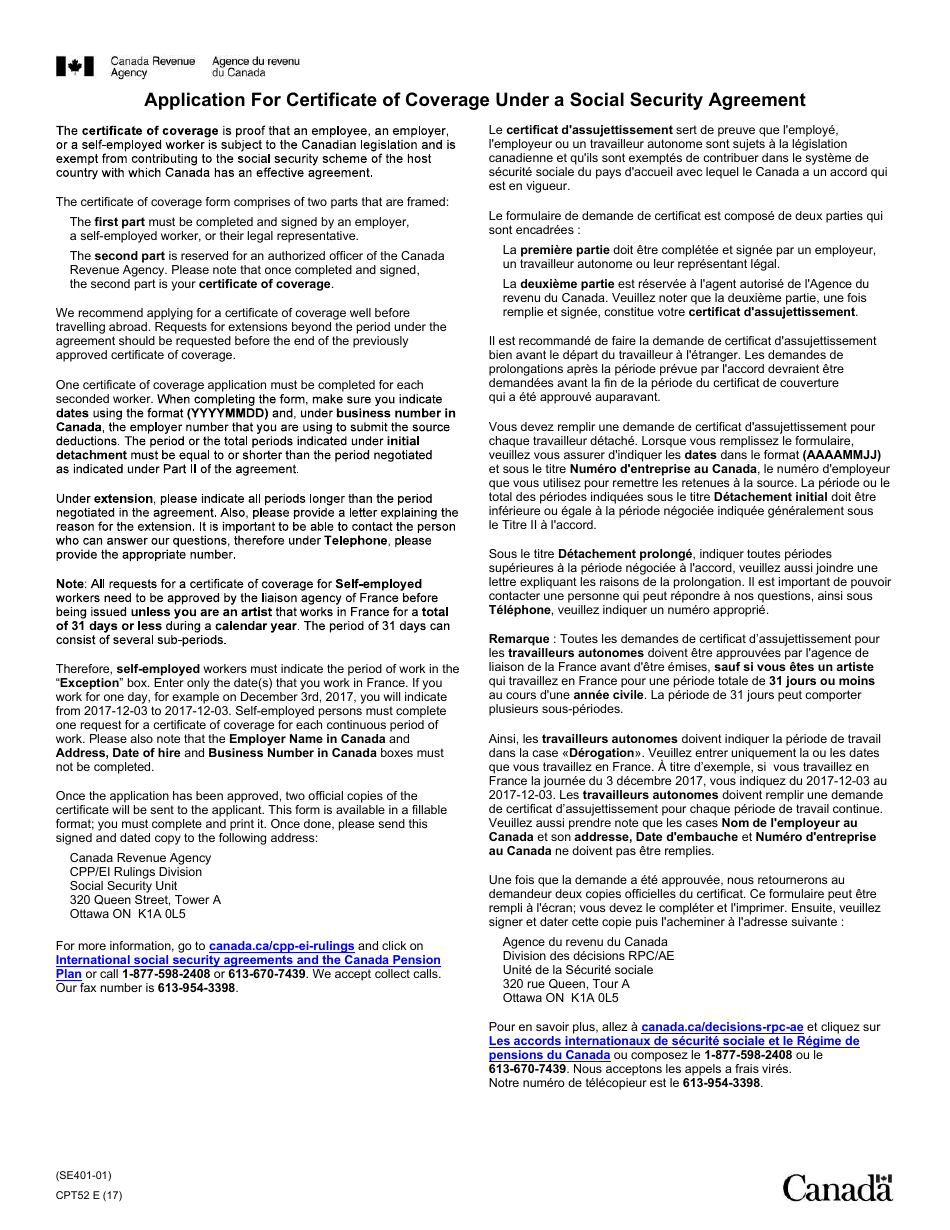 Form CPT52 Certificate of Coverage Under the Canada Pension Plan Pursuant to Article VII of the Agreement on Social Security Between Canada and France - Canada (English / French), Page 3