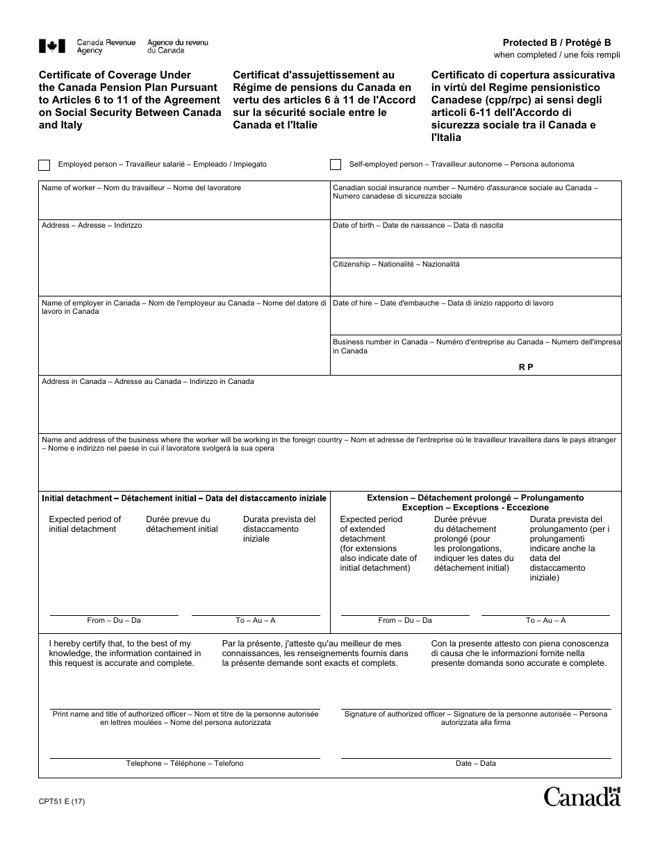 Form CPT51 Certificate of Coverage Under the Canada Pension Plan Pursuant to Articles 6 to 11 of the Agreement on Social Security Between Canada and Italy - Canada (English / French), Page 1