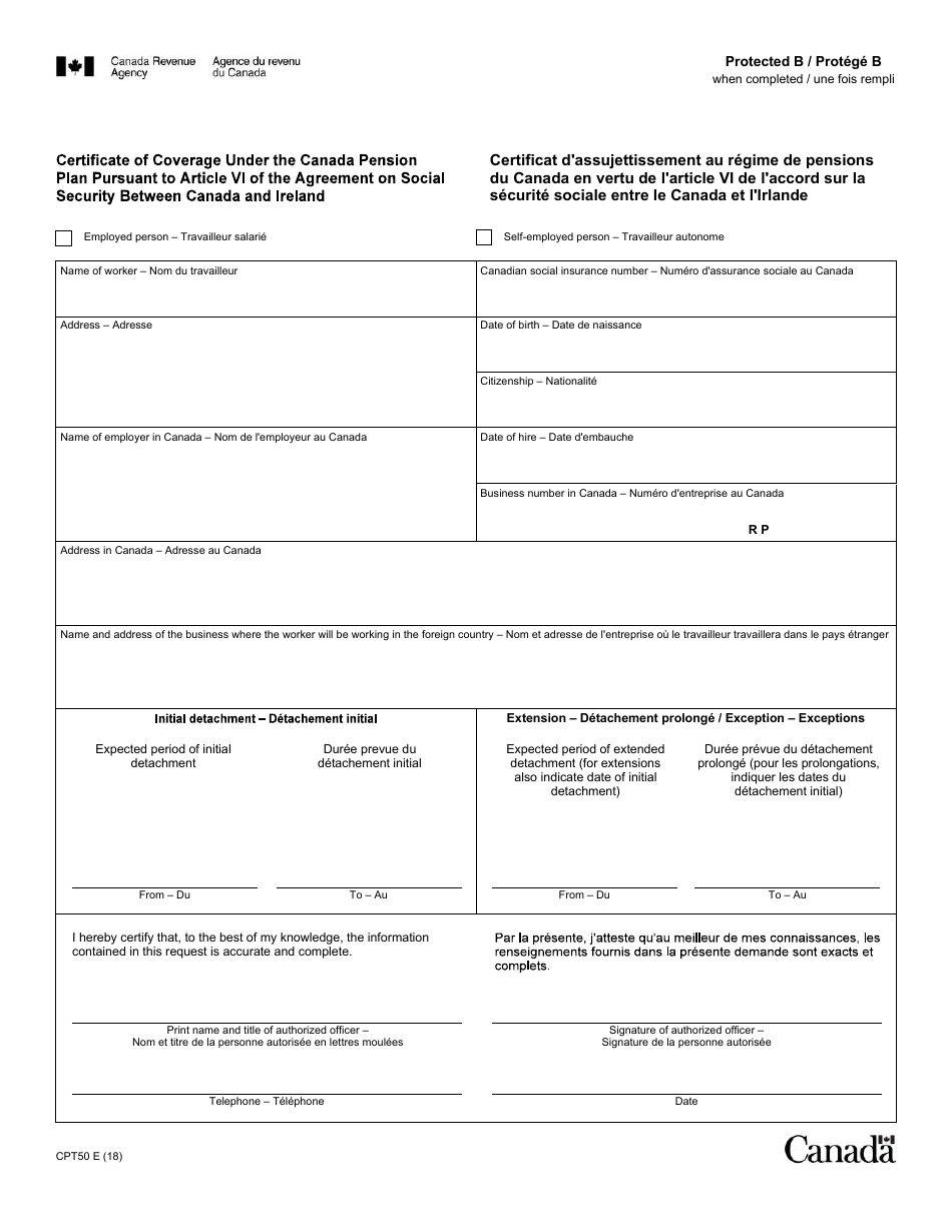 Form CPT50 Certificate of Coverage Under the Canada Pension Plan Pursuant to Article VI of the Agreement on Social Security Between Canada and Ireland - Canada (English / French), Page 1