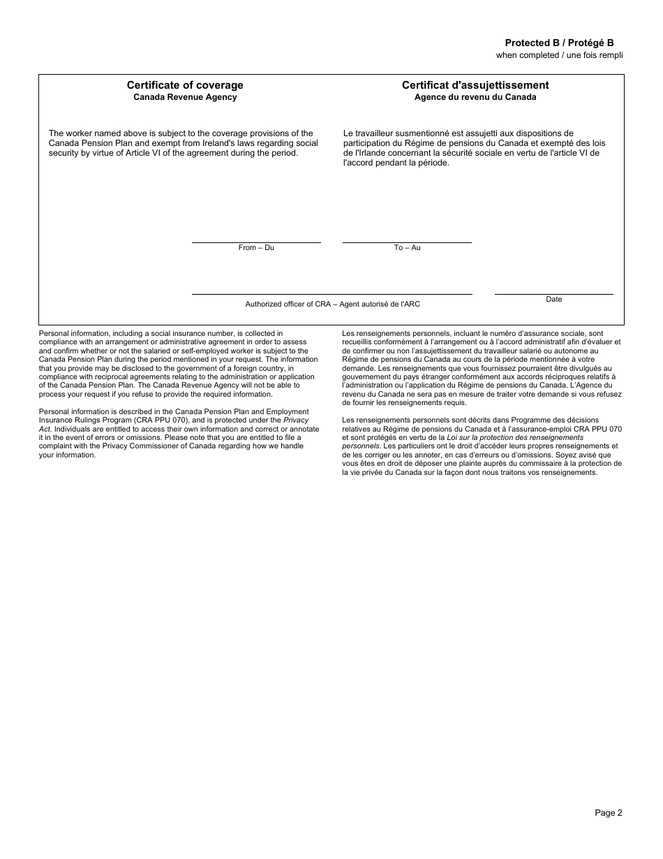 Form CPT50 Certificate of Coverage Under the Canada Pension Plan Pursuant to Article VI of the Agreement on Social Security Between Canada and Ireland - Canada (English / French), Page 2