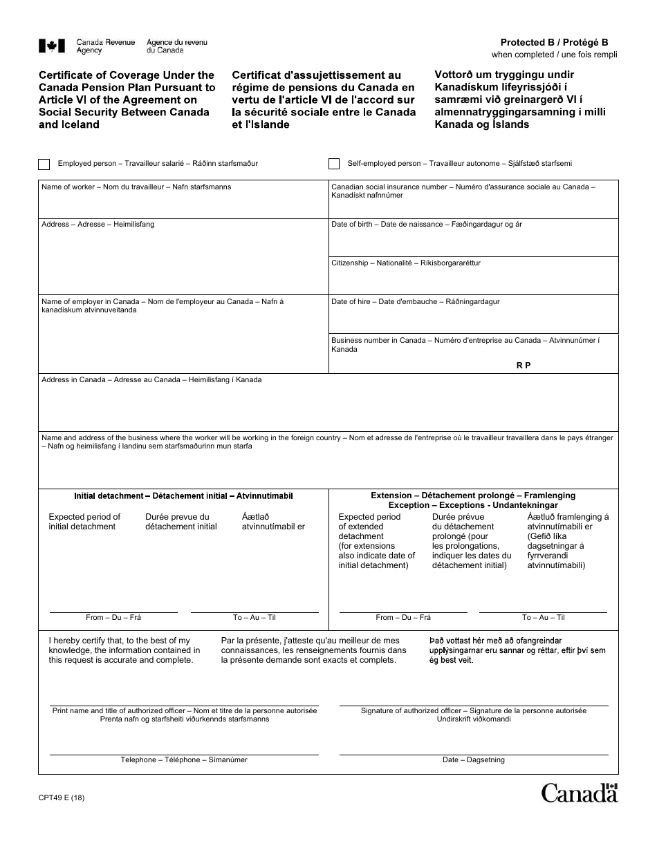 Form CPT49 Certificate of Coverage Under the Canada Pension Plan Pursuant to Article VI of the Agreement on Social Security Between Canada and Iceland - Canada (English / French), Page 1