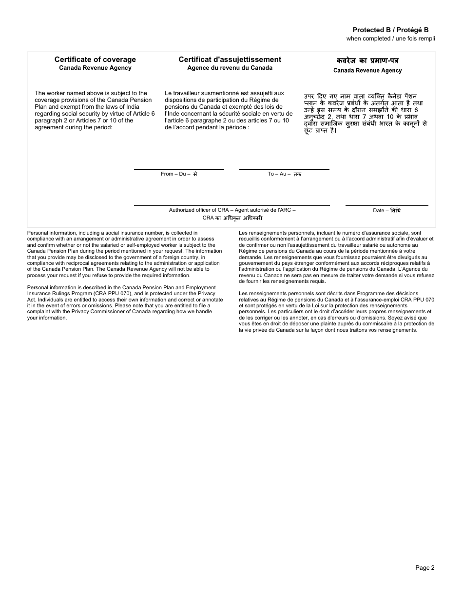 Form CPT169 Certificate of Coverage Under the Canada Pension Plan Pursuant to Articles 6, 7 and 10 of the Agreement on Social Security Between Canada and Republic of India - Canada (English / French), Page 2
