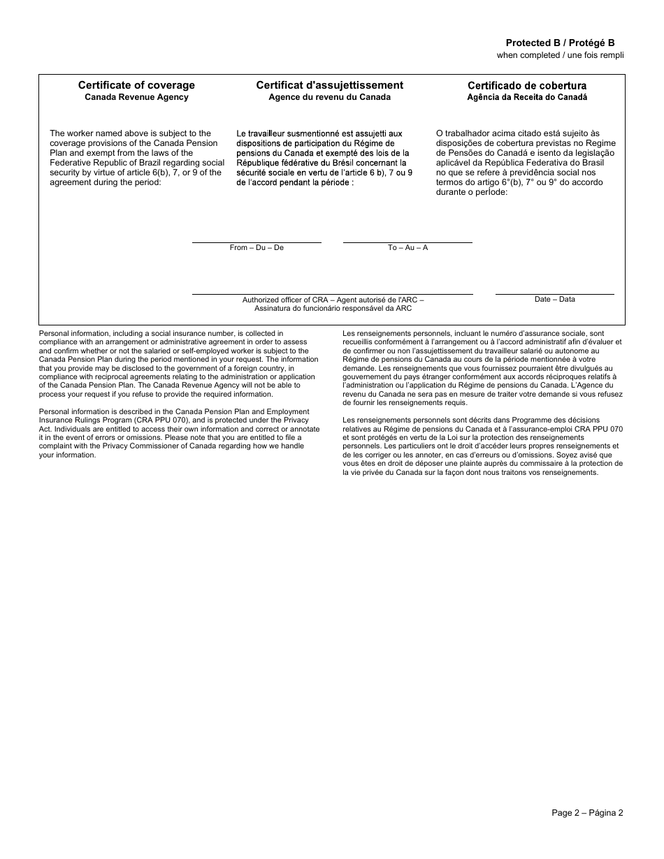 Form CPT168 Certificate of Coverage Under the Canada Pension Plan Pursuant to Articles 6 to 9 of the Agreement on Social Security Between Canada and the Federative Republic of Brazil - Canada (English / French), Page 2