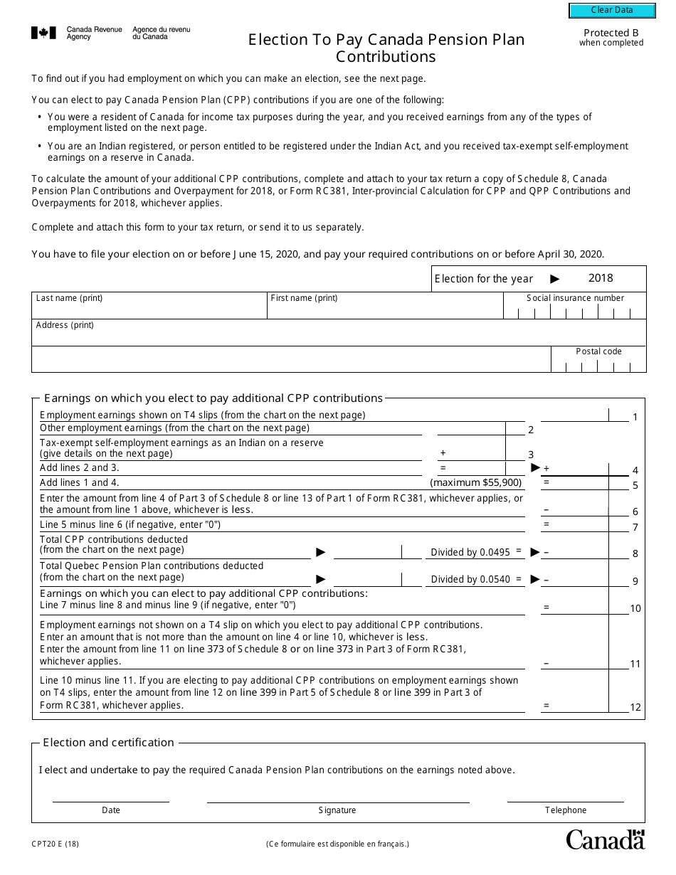 Form CPT20 E Election to Pay Canada Pension Plan Contributions - Canada, Page 1