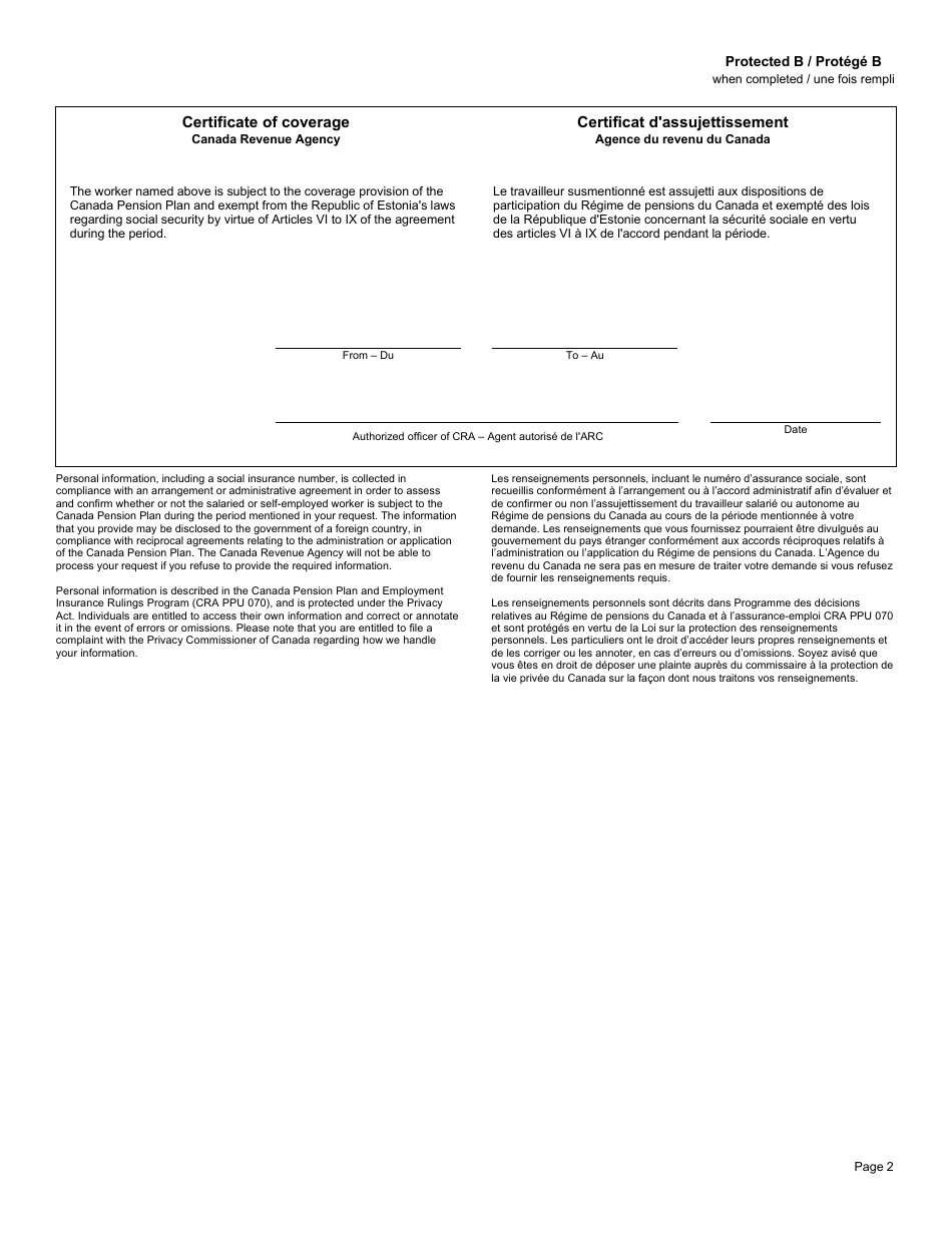 Form CPT142 Certificate of Coverage Under the Cpp Pursuant to Article VI to IX of the Agreement on Social Security Between Canada and the Republic of Estonia - Canada (English / French), Page 2