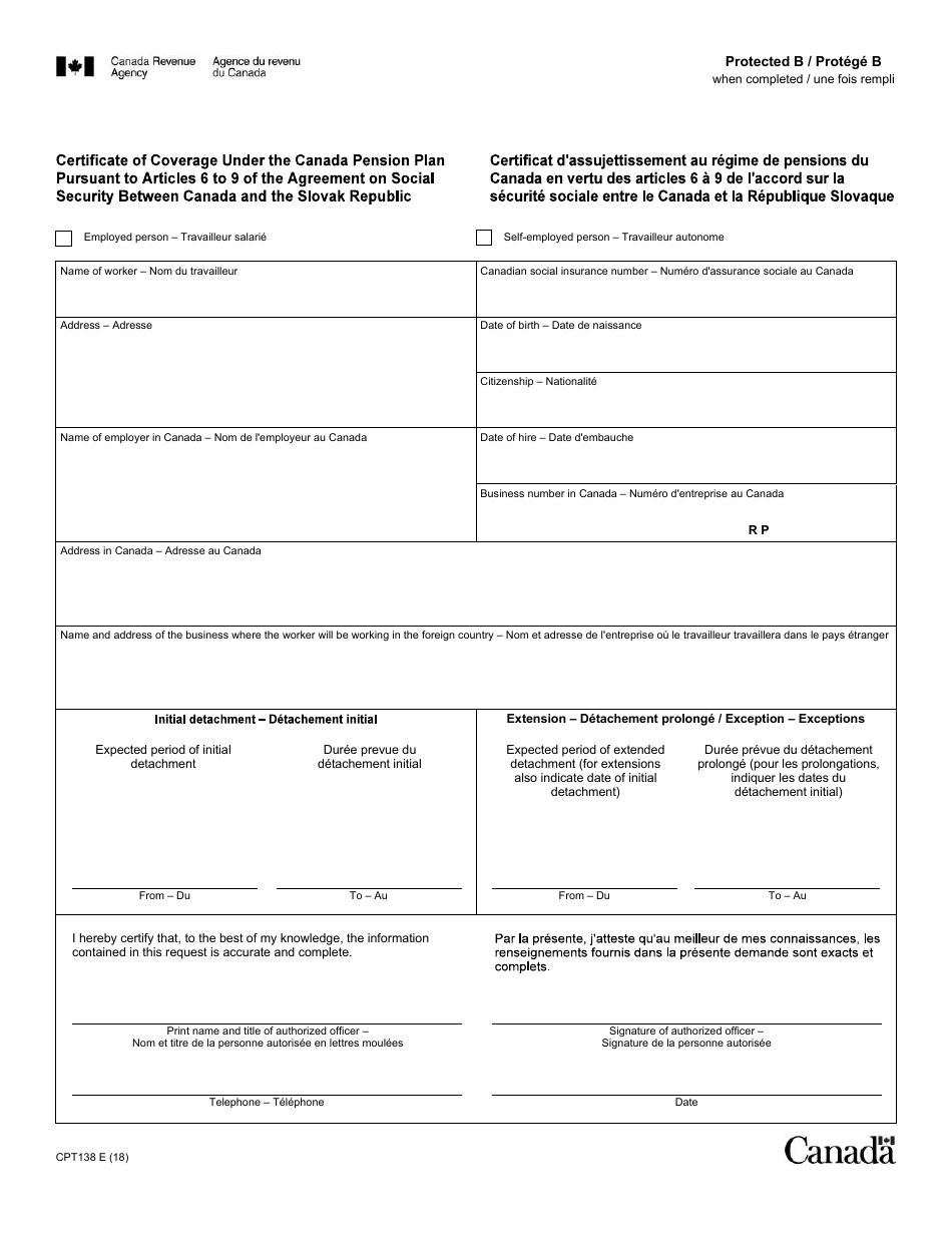 Form CPT138 Certificate of Coverage Under the Canada Pension Plan Pursuant to Articles 6 to 9 of the Agreement on Social Security Between Canada and the Slovak Republic - Canada (English / French), Page 1