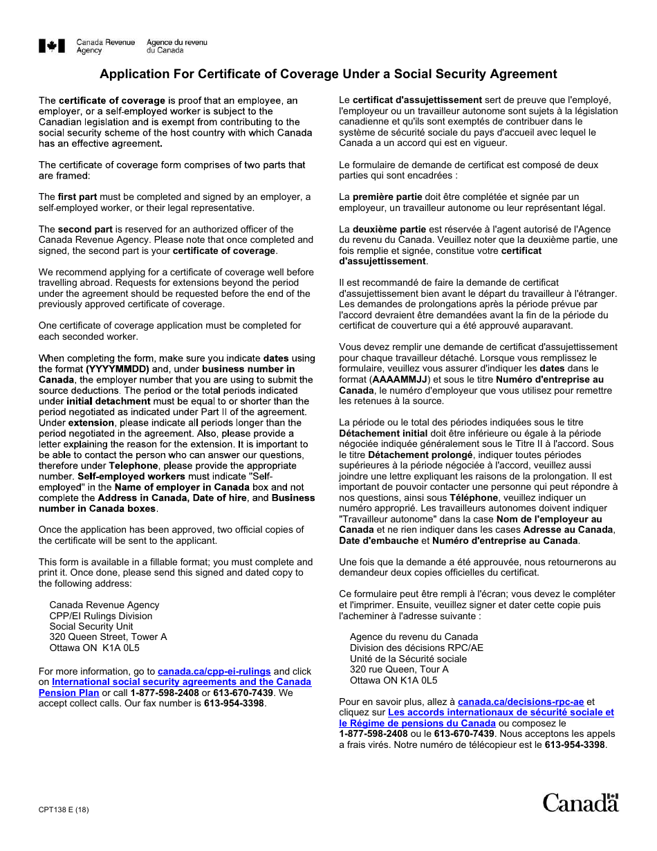 Form CPT138 Certificate of Coverage Under the Canada Pension Plan Pursuant to Articles 6 to 9 of the Agreement on Social Security Between Canada and the Slovak Republic - Canada (English / French), Page 3