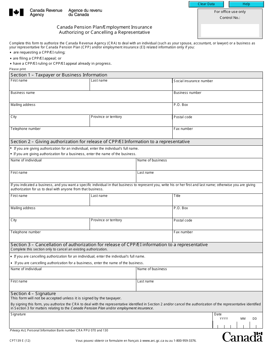 Form CPT139 Canada Pension Plan / Employment Insurance - Authorizing or Cancelling a Representative - Canada, Page 1