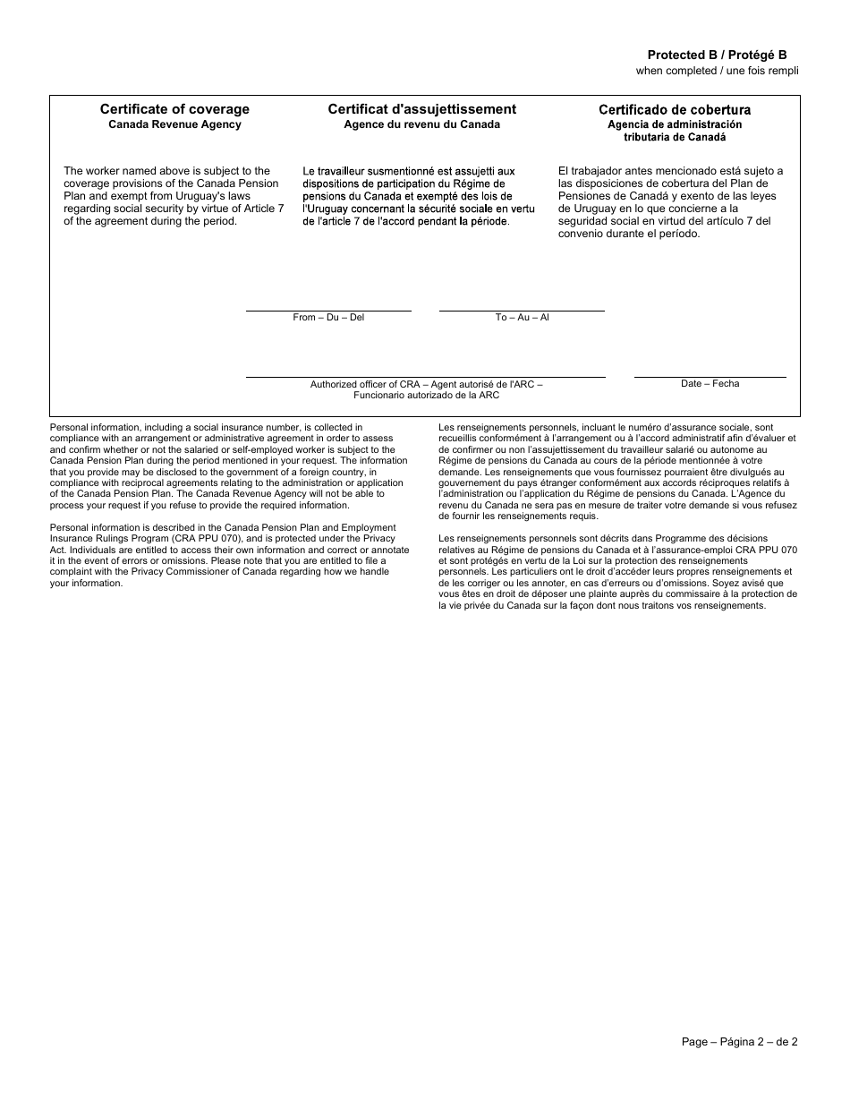 Form CPT136 Certificate of Coverage Under the Canada Pension Plan Pursuant to Article 7 of the Agreement on Social Security Between Canada and the Eastern Republic of Uruguay - Canada (English / French), Page 2