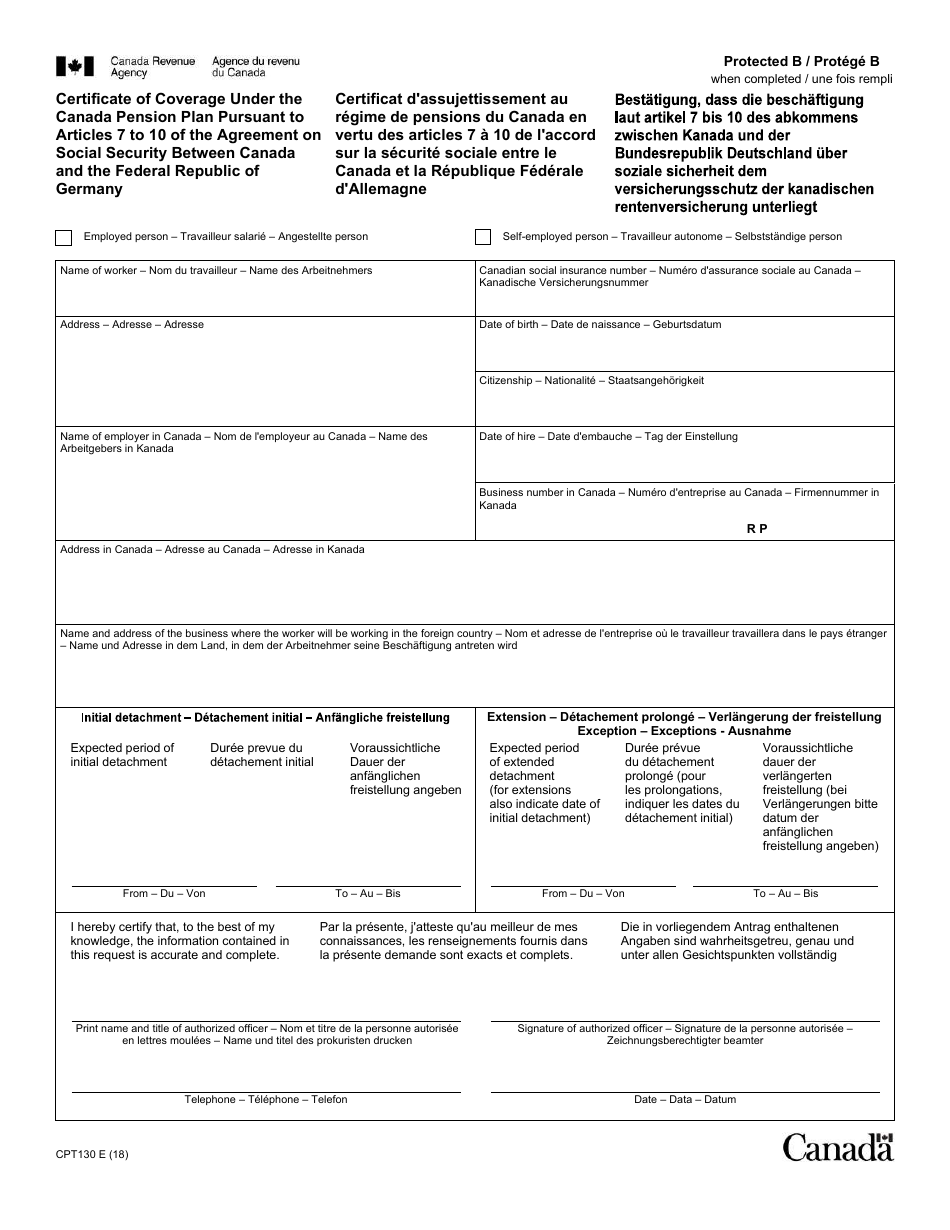Form CPT130 Certificate of Coverage Under the Canada Pension Plan Pursuant to Articles 7 to 10 of the Agreement on Social Security Between Canada and the Federal Republic of Germany - Canada (English / French), Page 1