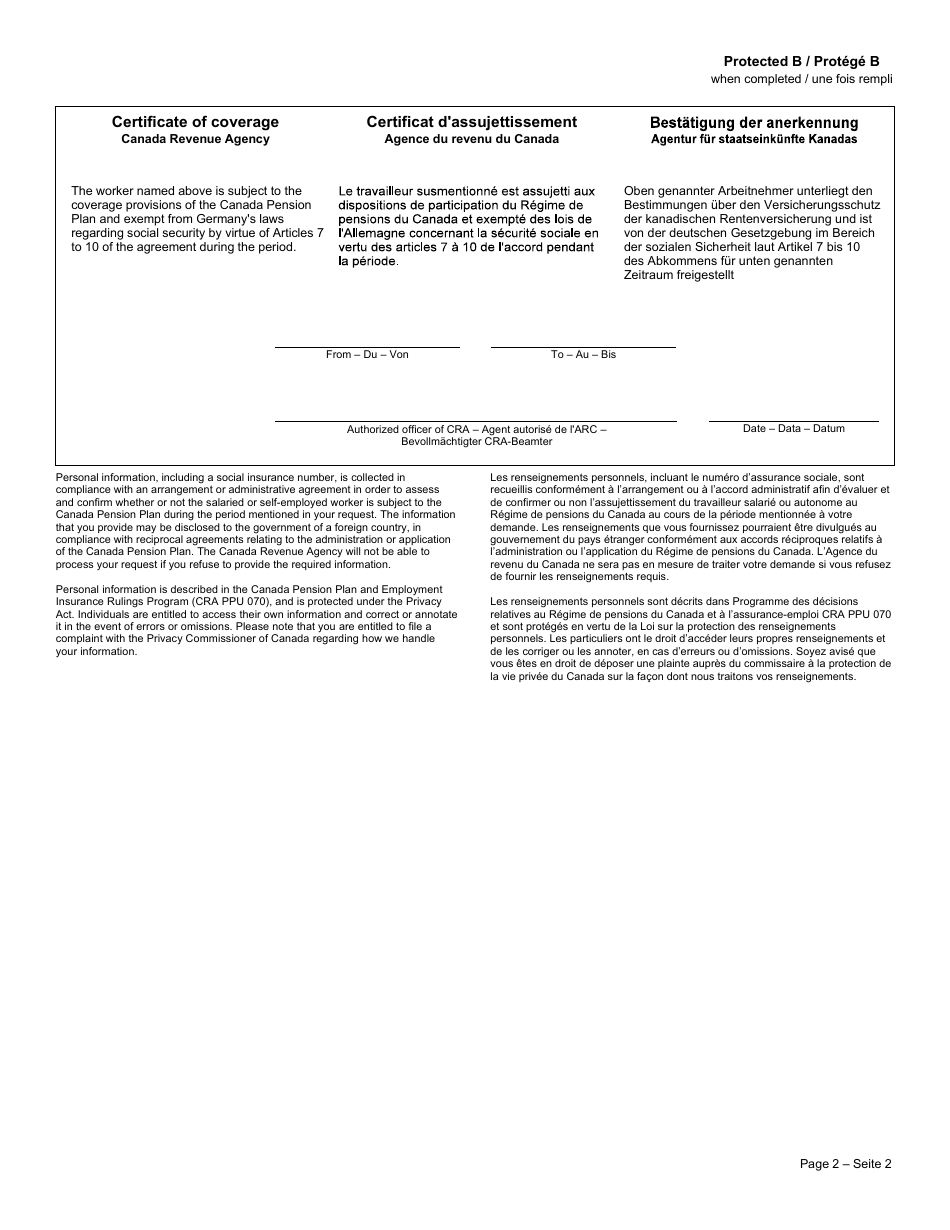 Form CPT130 Certificate of Coverage Under the Canada Pension Plan Pursuant to Articles 7 to 10 of the Agreement on Social Security Between Canada and the Federal Republic of Germany - Canada (English / French), Page 2