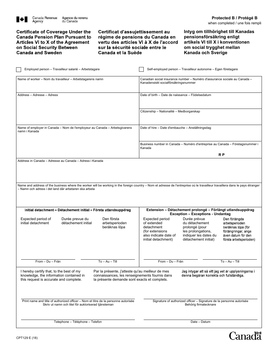 Form CPT129 Certificate of Coverage Under the Canada Pension Plan Pursuant to Articles VI to X of the Agreement on Social Security Between Canada and Sweden - Canada (English / French), Page 1