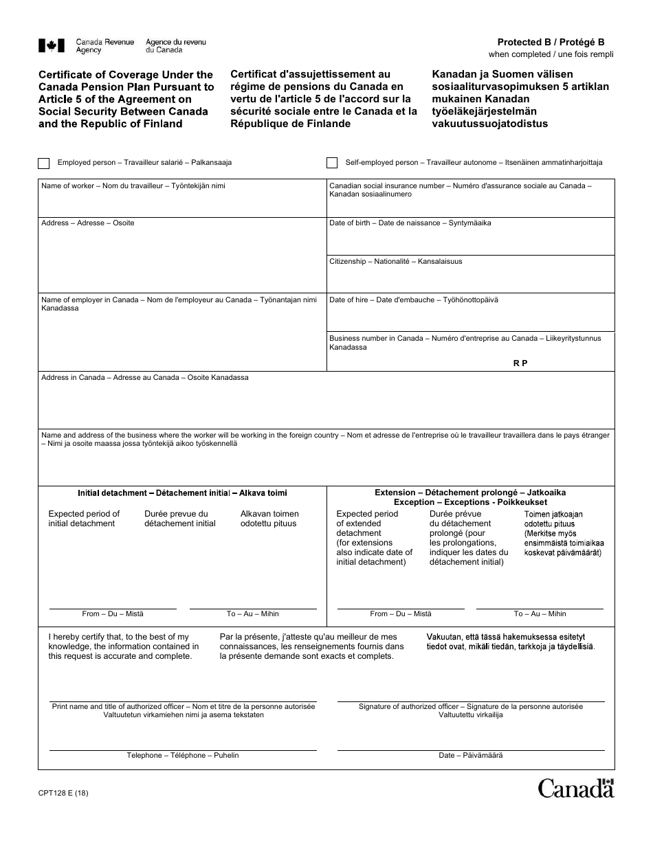 Form CPT128 Certificate of Coverage Under the Canada Pension Plan Pursuant to Article 5 of the Agreement on Social Security Between Canada and the Republic of Finland - Canada (English / French), Page 1