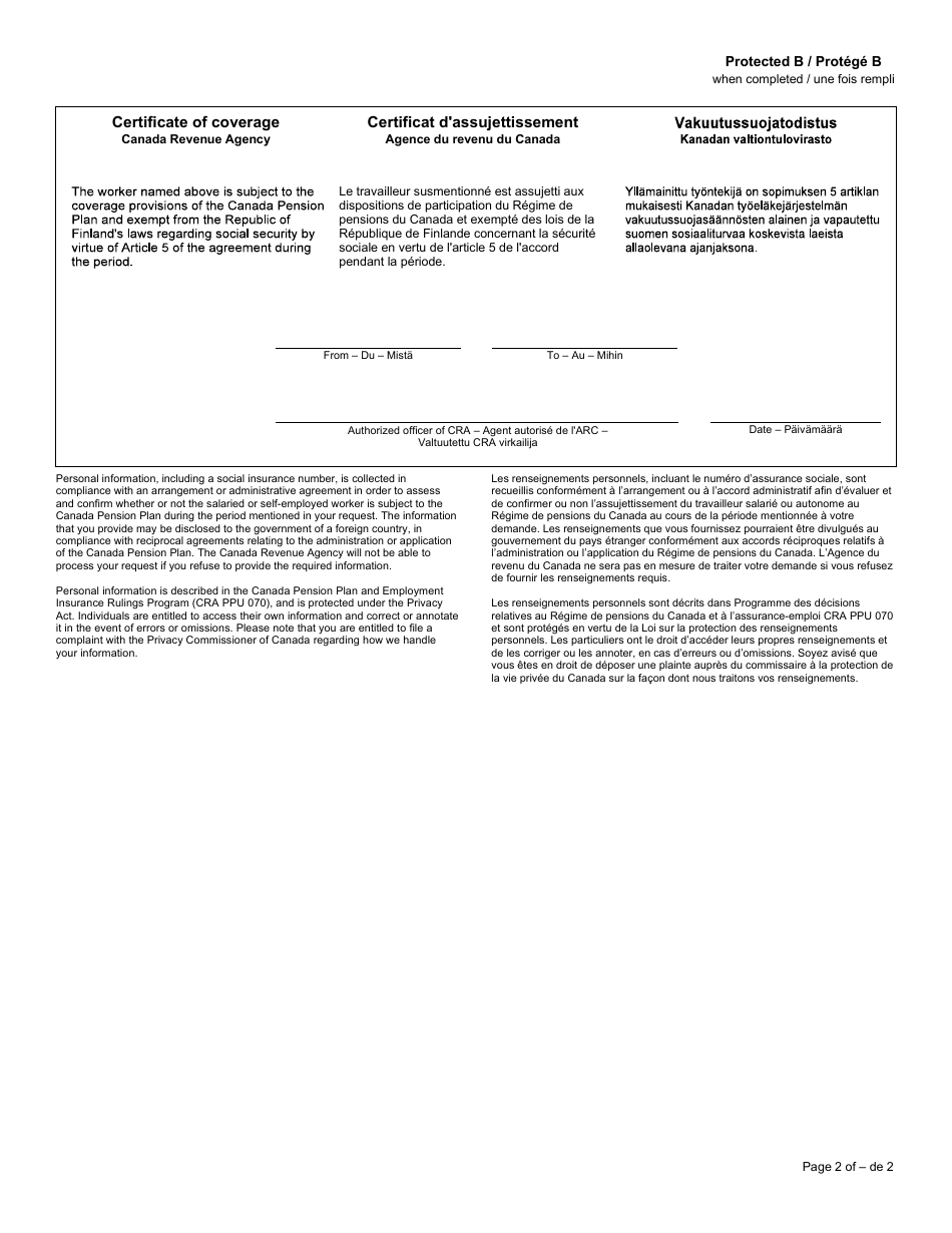 Form CPT128 Certificate of Coverage Under the Canada Pension Plan Pursuant to Article 5 of the Agreement on Social Security Between Canada and the Republic of Finland - Canada (English / French), Page 2