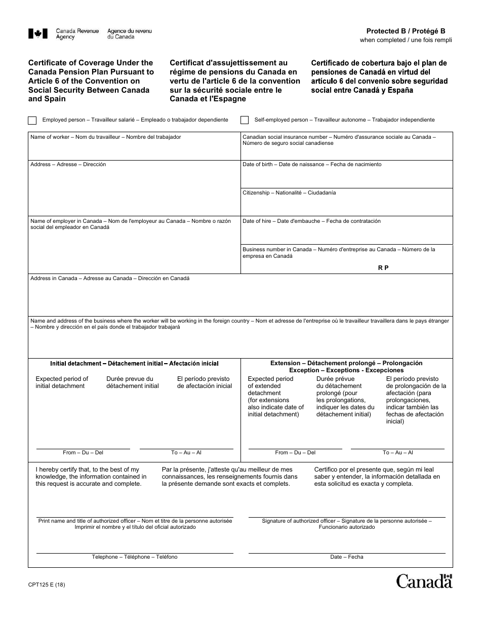 Form CPT125 Certificate of Coverage Under the Canada Pension Plan Pursuant to Article 6 of the Convention on Social Security Between Canada and Spain - Canada (English / French), Page 1