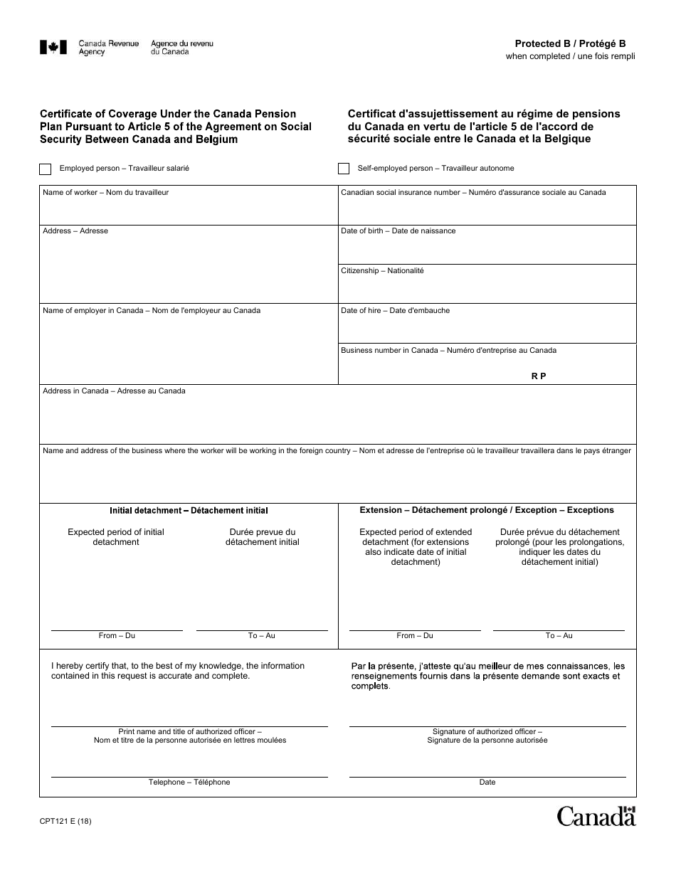 Form CPT121 Certificate of Coverage Under the Canada Pension Plan Pursuant to Article 5 of the Agreement on Social Security Between Canada and Belgium - Canada (English / French), Page 1