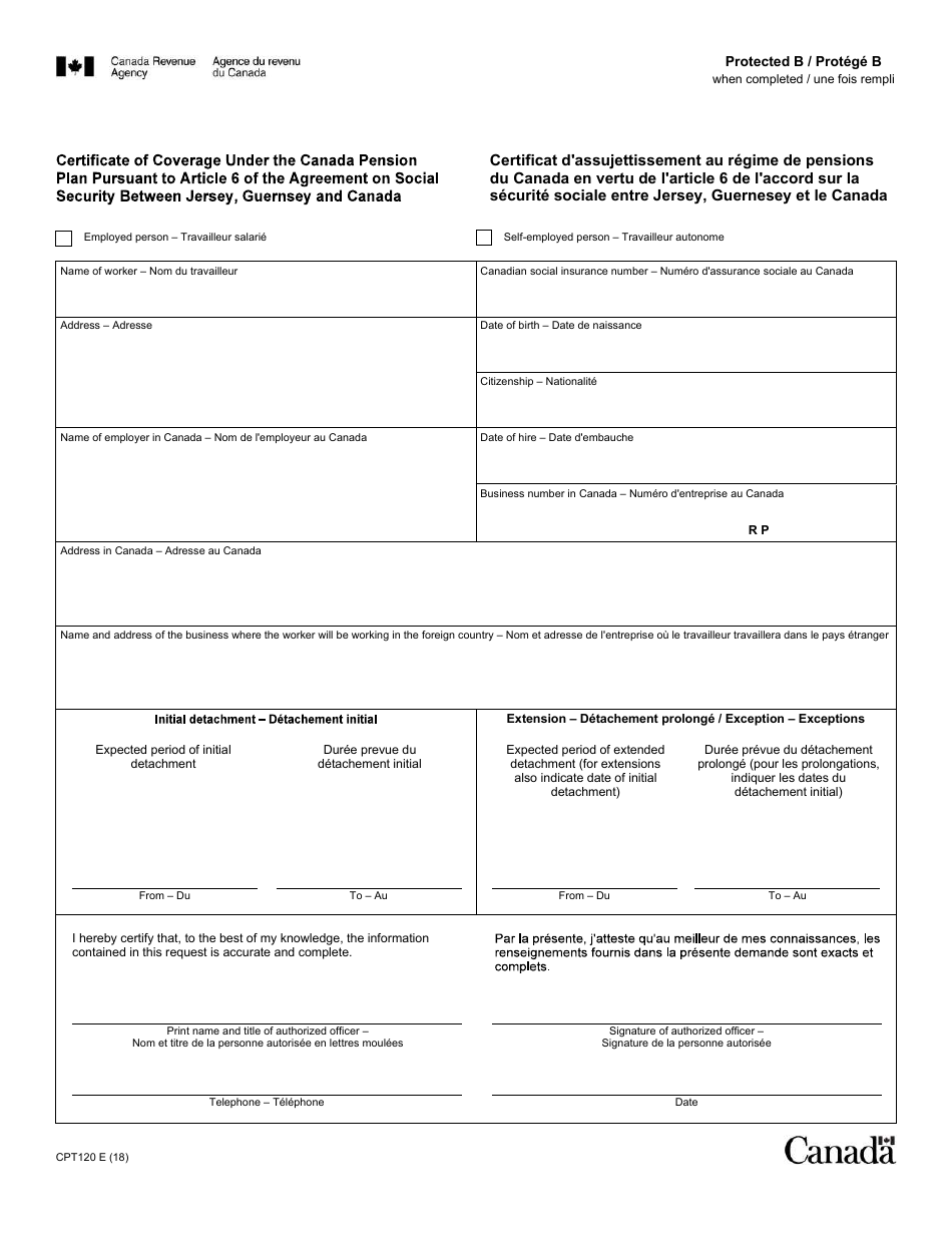 Form CPT120 Certificate of Coverage Under the Canada Pension Plan Pursuant to Article 6 of the Agreement on Social Security Between Jersey, Guernsey and Canada - Canada (English / French), Page 1