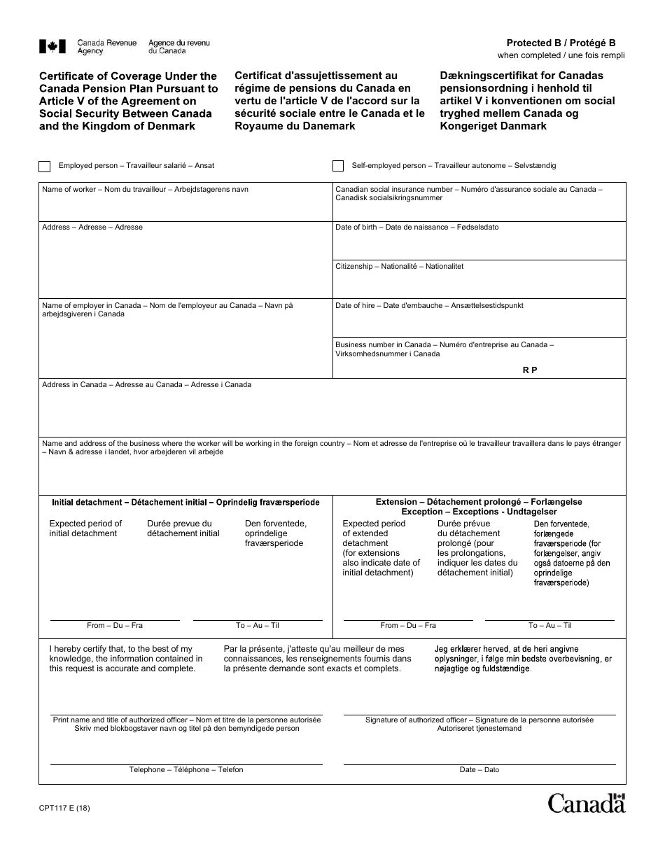 Form CPT117 Certificate of Coverage Under the Canada Pension Plan Pursuant to Article V of the Agreement on Social Security Between Canada and the Kingdom of Denmark - Canada (English / French), Page 1