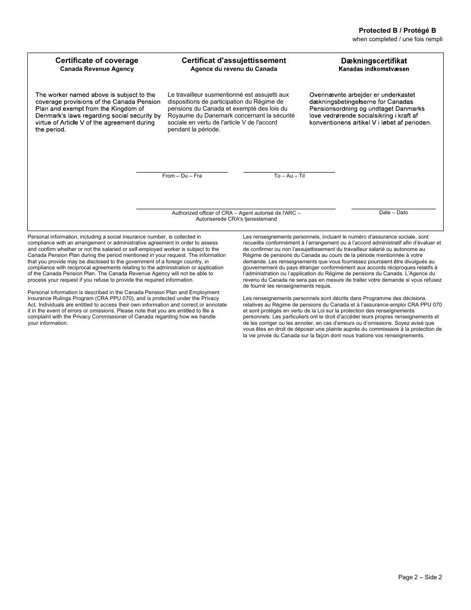 Form CPT117 Certificate of Coverage Under the Canada Pension Plan Pursuant to Article V of the Agreement on Social Security Between Canada and the Kingdom of Denmark - Canada (English / French), Page 2