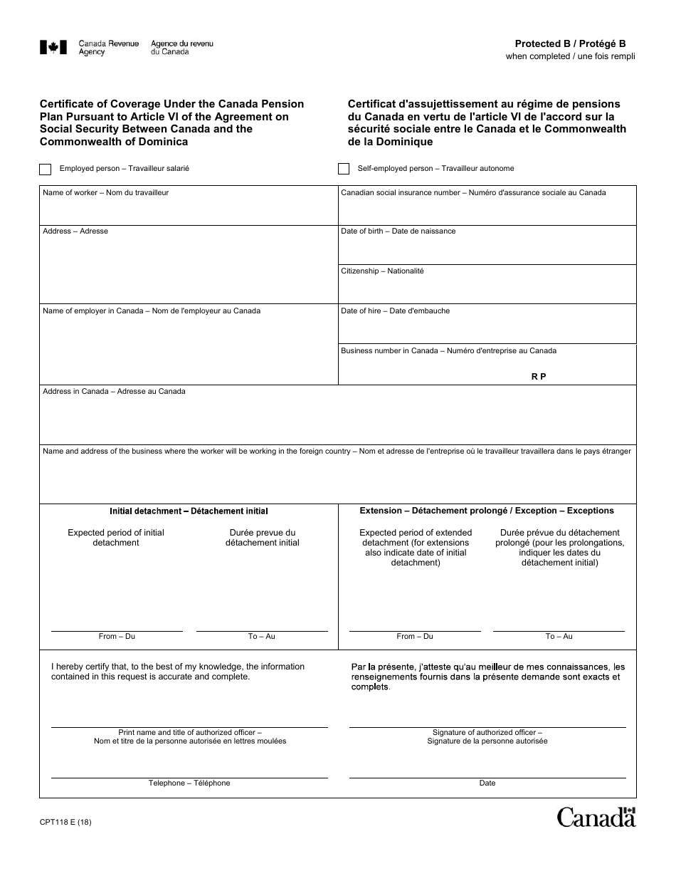 Form CPT118 Certificate of Coverage Under the Canada Pension Plan Pursuant to Article VI of the Agreement on Social Security Between Canada and the Commonwealth of Dominica - Canada (English / French), Page 1