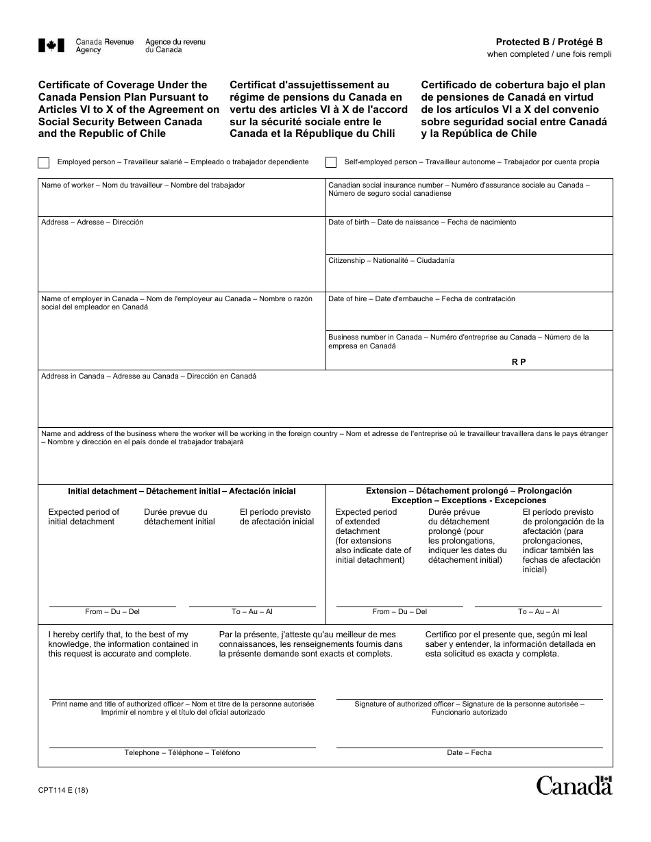 Form CPT114 Certificate of Coverage Under the Canada Pension Plan Pursuant to Articles VI to X of the Agreement on Social Security Between the Government of Canada and the Government of the Republic of Chile - Canada (English / French), Page 1