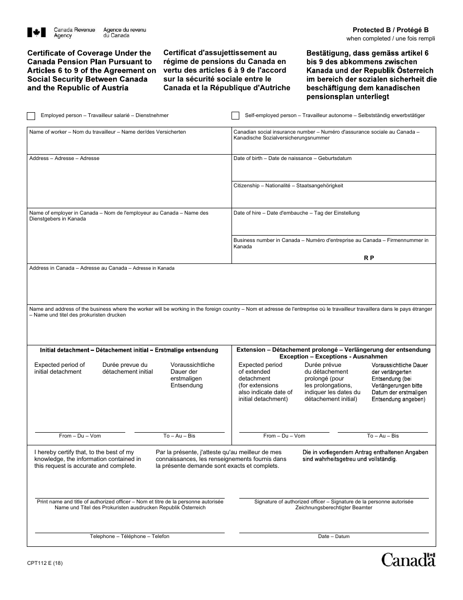 Form CPT112 Certificate of Coverage Under the Canada Pension Plan Pursuant to Articles 6 to 9 of the Agreement on Social Security Between Canada and the Republic of Austria - Canada (English / French), Page 1
