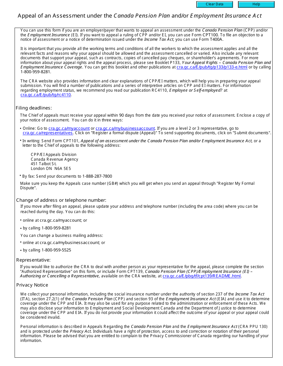 Form CPT101 Appeal of an Assessment Under the Canada Pension Plan and / or Employment Insurance Act - Canada, Page 2