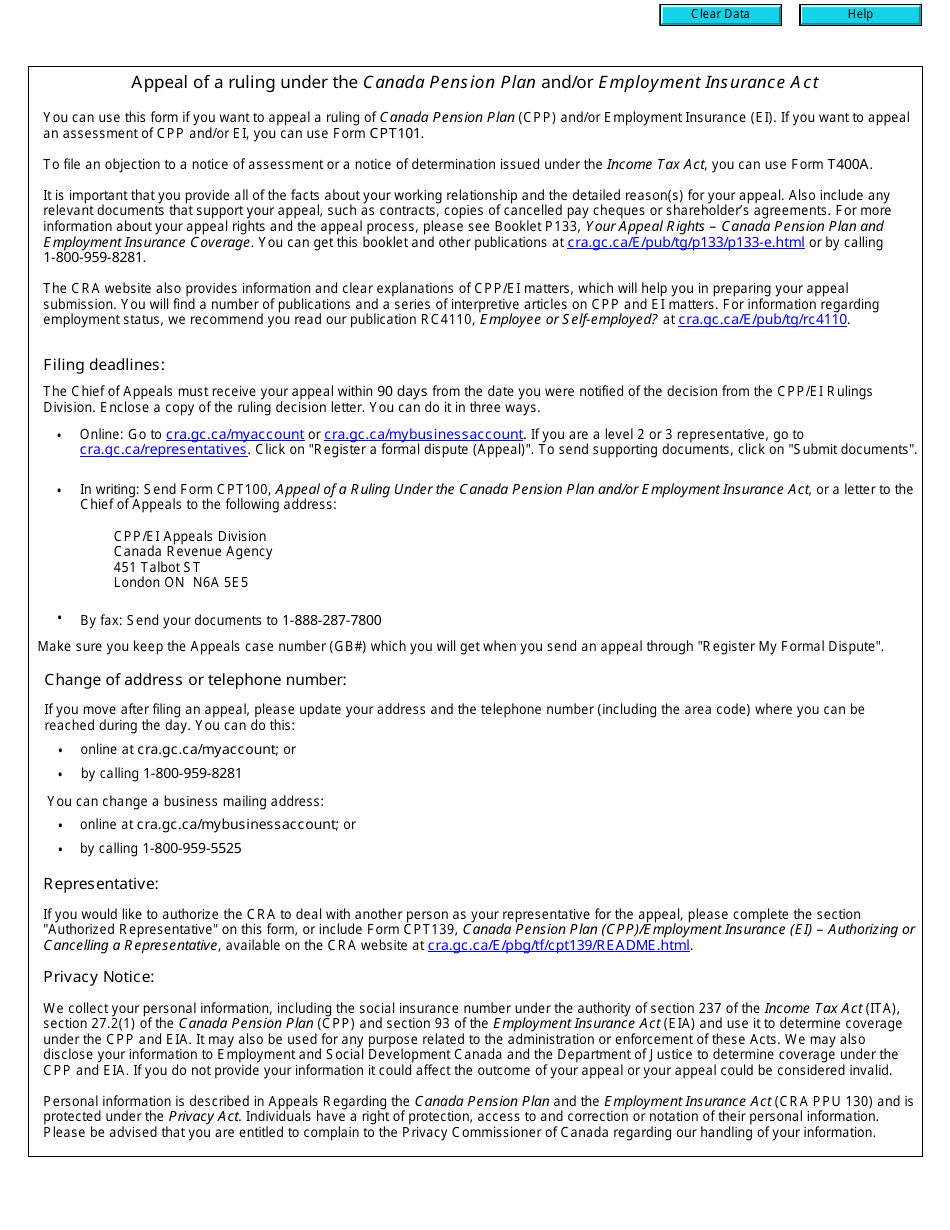 Form CPT100 Appeal of a Ruling Under the Canada Pension Plan and / or Employment Insurance Act - Canada, Page 2