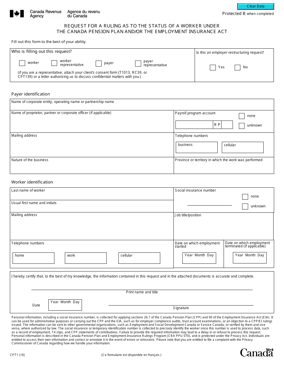 Form CPT1 Request for a Ruling as to the Status of a Worker Under the Canada Pension Plan and / or the Employment Insurance Act - Canada, Page 2