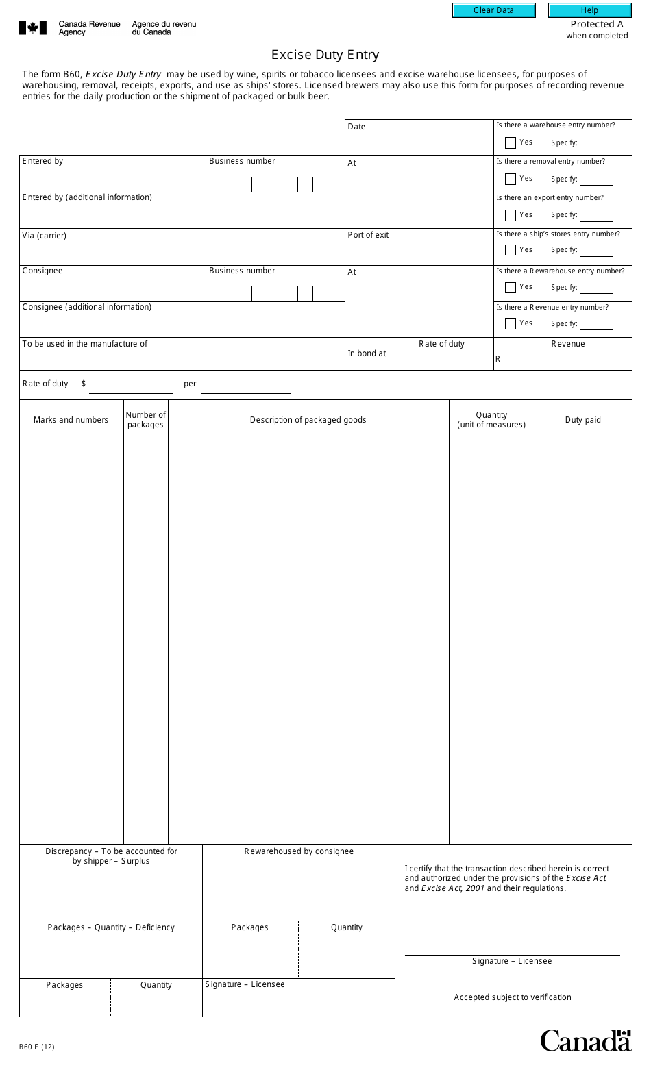 Form B60 Excise Duty Entry - Canada, Page 1
